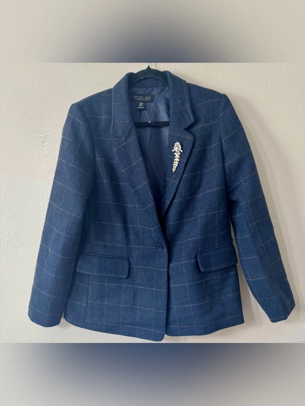 Rachel Zoe Navy Herringbone Windowpane Plaid Blazer Brooch M